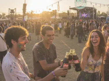 A group of friends is enjoying themselves at a festival, some clinking bottles of Coca-Cola and others painting a colorful mural on a wall. The sun is setting, casting a warm glow over the scene, and a large crowd gathered in the background is watching a performance on a stage.