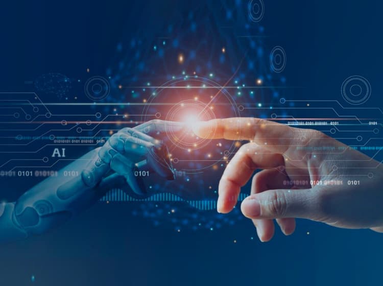 A robotic hand and a human hand extend fingers to touch each other, symbolizing the connection between technology and humanity. Digital elements, such as circuits and binary code, are superimposed in the background, enhancing the futuristic theme.