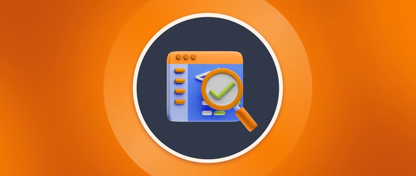 Orange background with a centered 3D illustration depicting a QA testing process