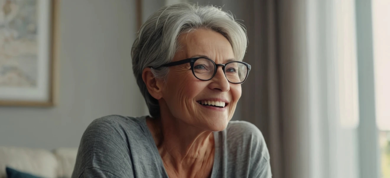 An older woman, with short gray hair and wearing eyeglasses, smiling broadly