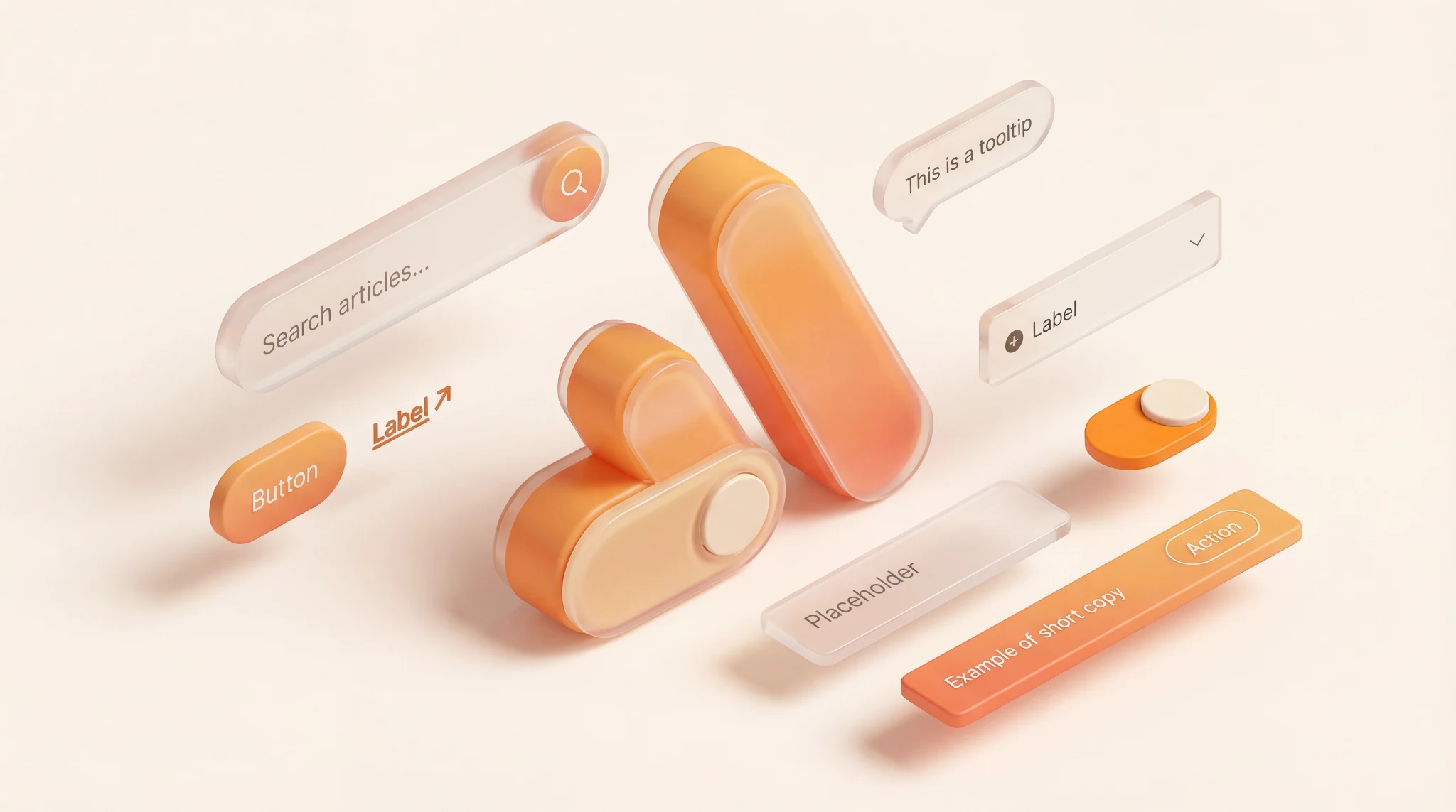 3D illustration featuring a collection of orange and transparent UI elements, including search bars, buttons, labels, tooltips, and placeholders.