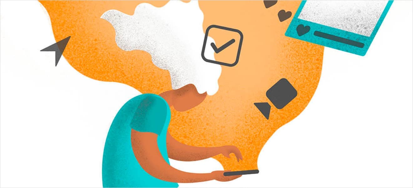 Illustration of a person using a smartphone with various icons, such as a check mark and a heart, connected to their head, symbolizing the flow of information and interaction with digital media.