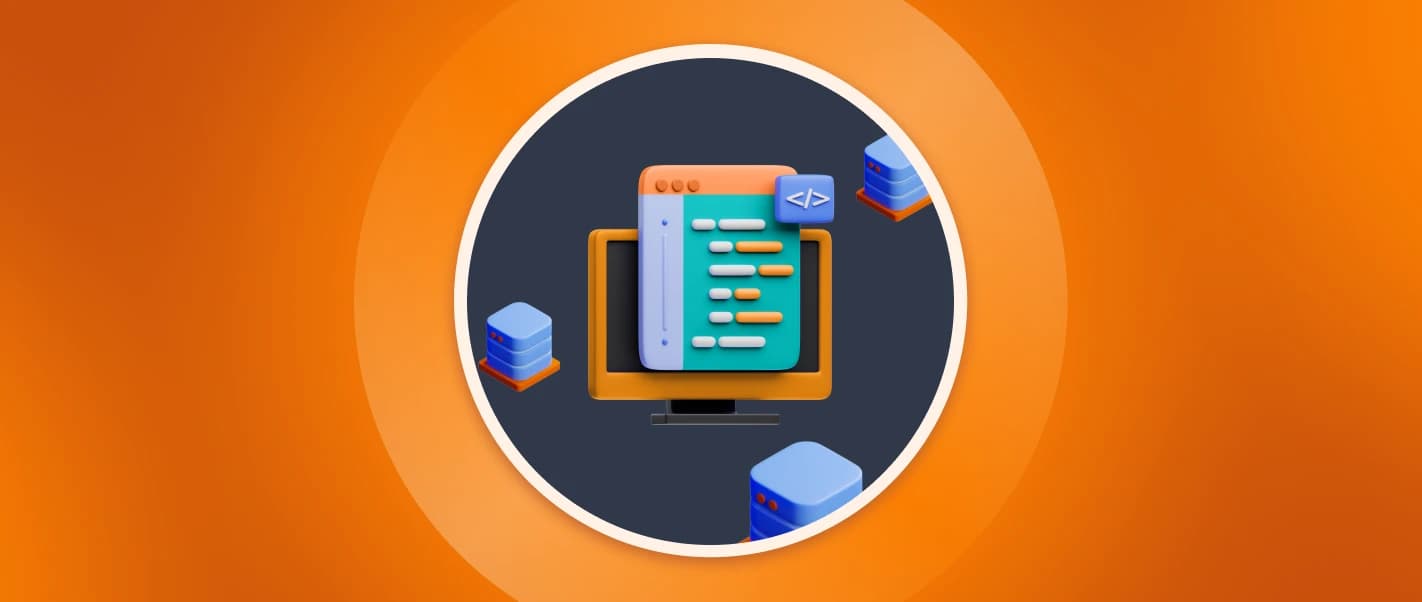 Orange background with a centered 3D illustration depicting a Web Development process