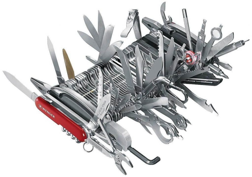 Picture of a crazy Swiss Army Knife with dozens of tools