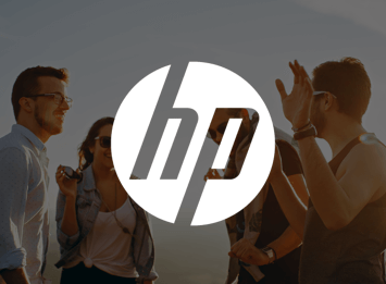 White HP logo and group of friends laughing