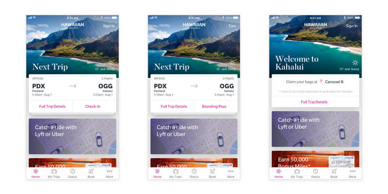 Hawaiian airlines app personalized homescreen