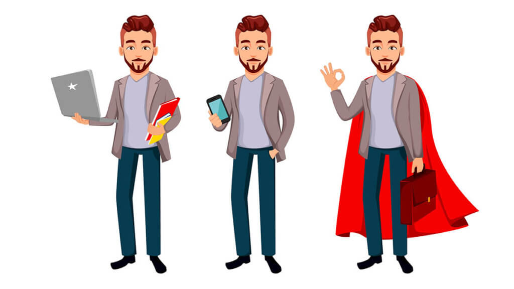 Illustrations of a man holding a laptop, holding a smartphone, and in a red superhero cape showing the OK sign.