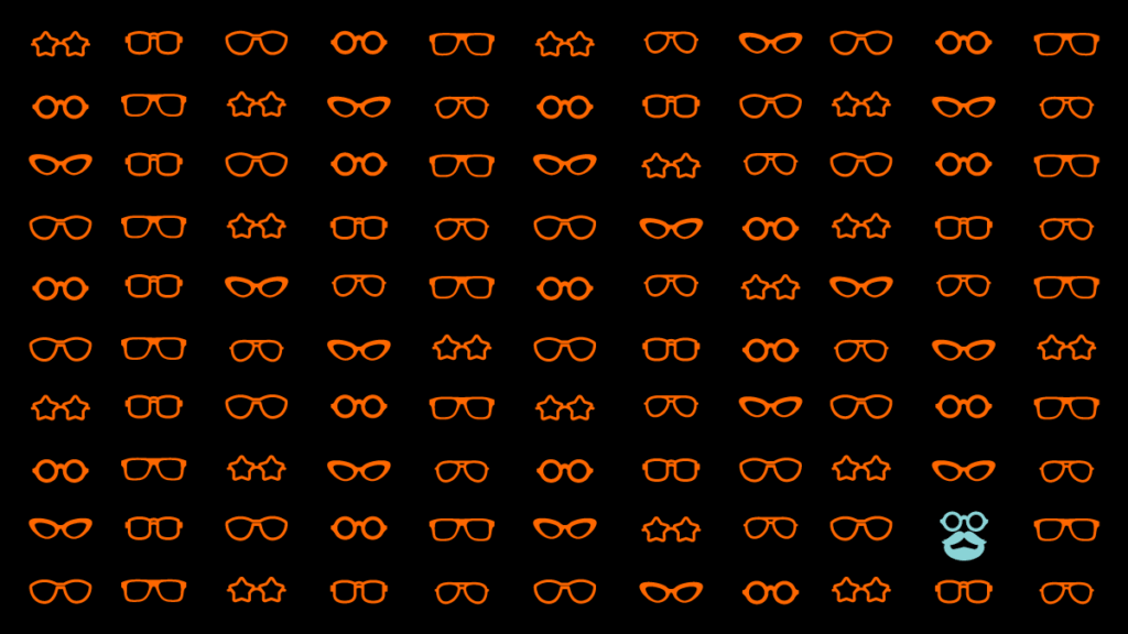 Rows of orange eye glasses on a black background sharing design critique best practices