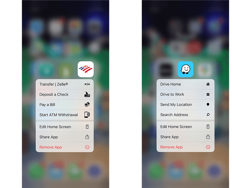 iOS long press gesture examples with Bank of America and Waze apps