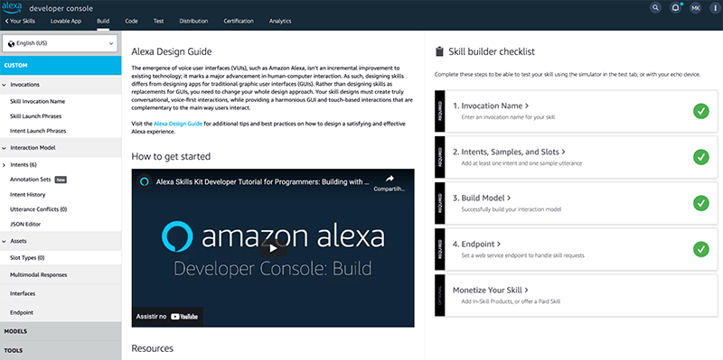 Alexa Developer Console dashboard