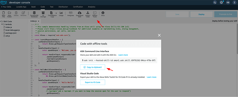 Alexa Developer Console showing the code tab with the Offline Tools popup
