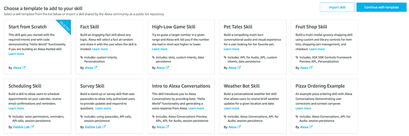 Alexa Developer Console showing the Skill templates with Start from Scratch selected