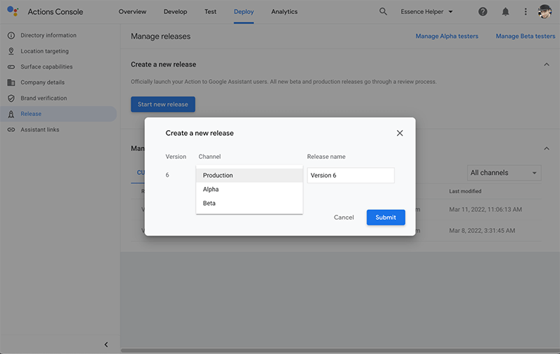 releasing a Google Action to production through the Developer console