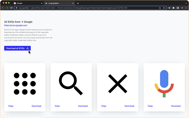 SVG Grabber Chrome browser extension for UI designers