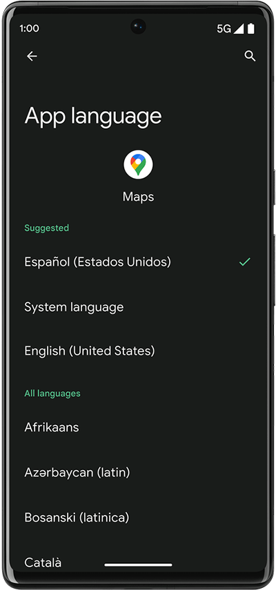 Android 13 App language settings screen