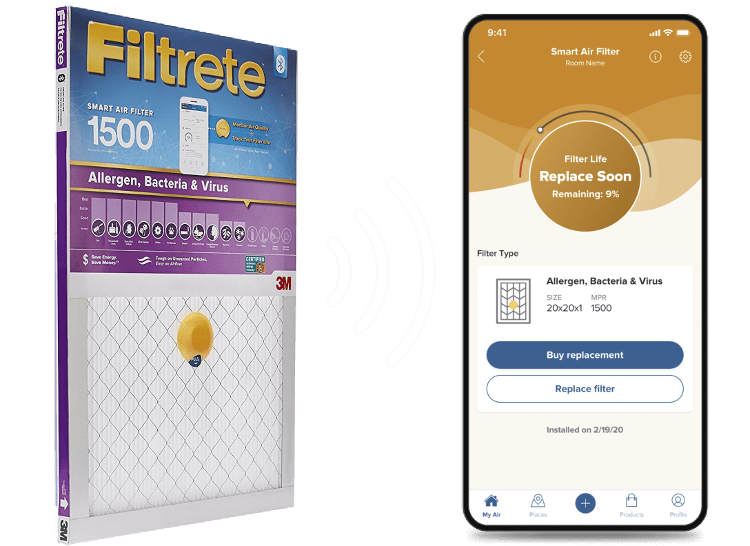 3M Filtrete mobile app. Left side: a smart air filter. Middle: three arc-shaped lines. Right side: app showing filter type and Status: Replace soon. Buttons available to buy replacement.