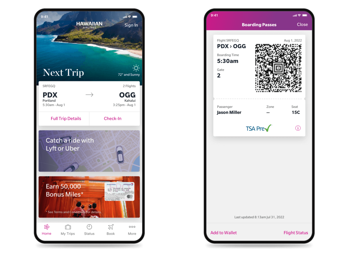 Hawaiian Airlines mobile app. 2 screens. First shows a coastline and cards for an upcoming flight, calling an Uber, and applying for a credit card. Second shows a mobile boarding pass.