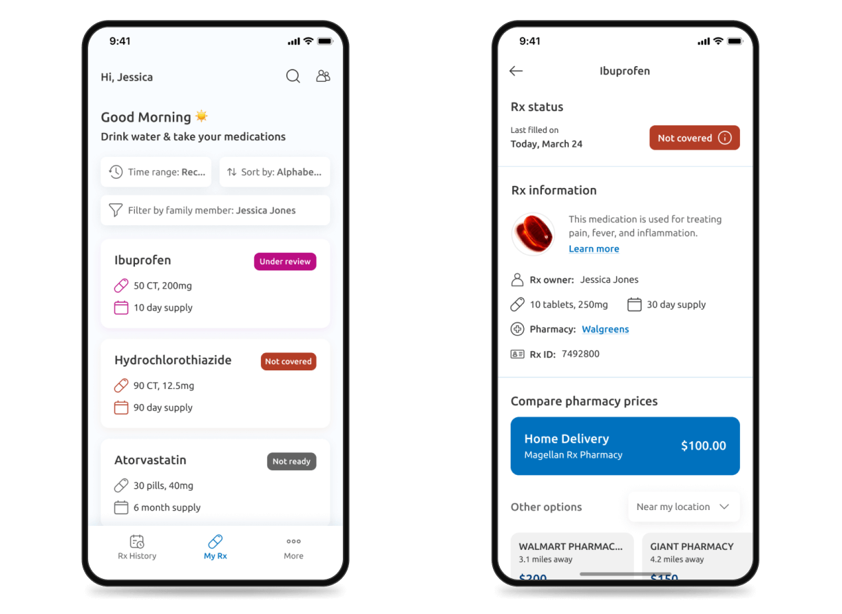 MagellanRx mobile app. 2 screens. First: a list of cards for several medications, filtered by recency and family member. Second: prescription details including coverage, dosage, pharmacy, and pricing.