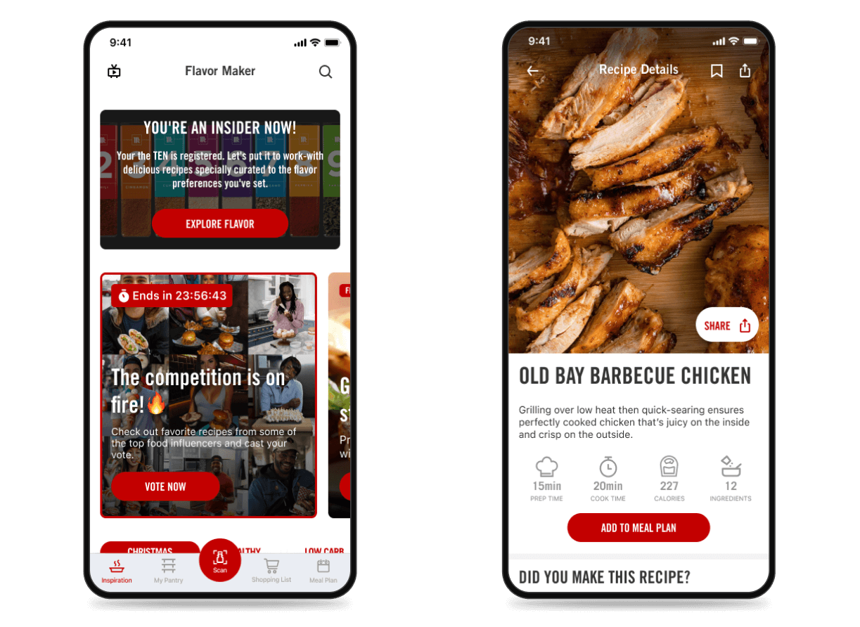 McCormick Flavor Maker app. 2 screens. First: a card to explore recipes, and timer to vote soon for a competition. Second: Old Bay Barbecue Chicken recipe, with button to Add to Meal Plan.