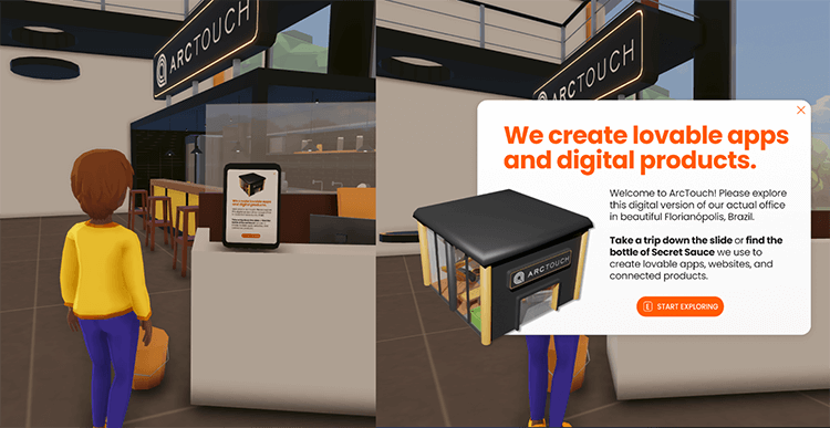 the welcome message in the ArcTouch office in Decentraland