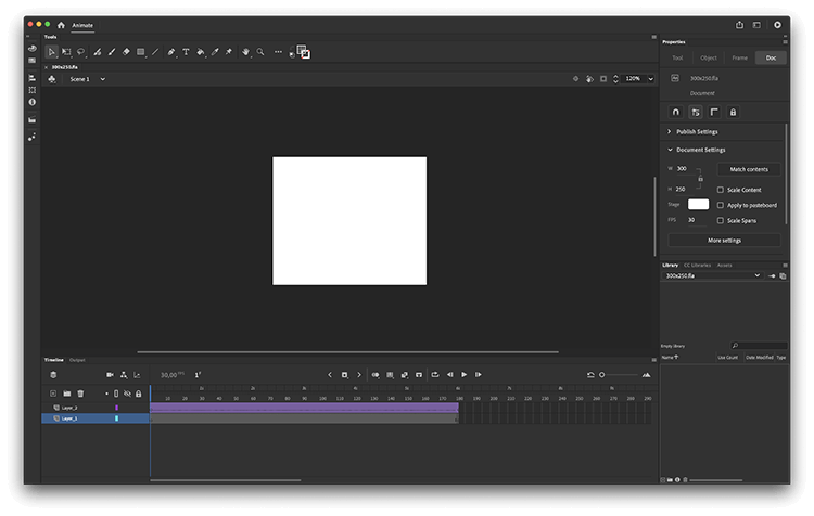Adobe Animate interface for building web banners