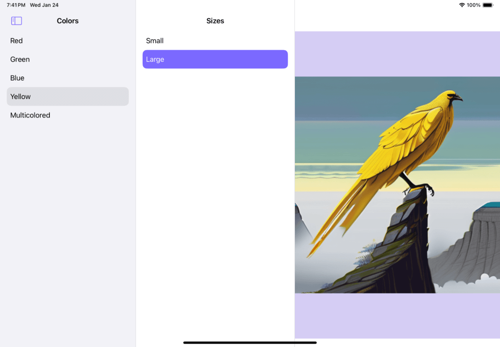 a demo app running on iPad with an AI generated yellow bird