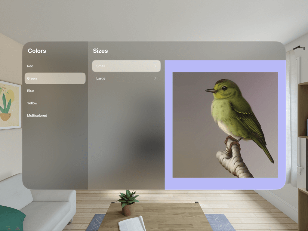 a demo app running on Vision Pro with an AI generated green bird