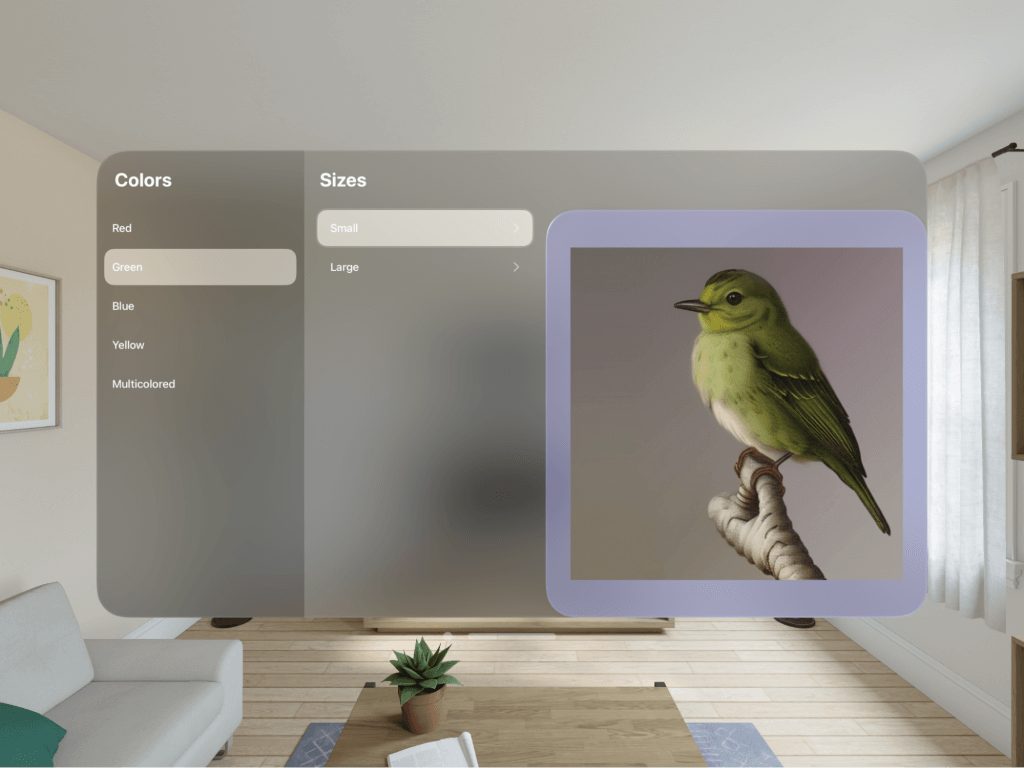 a demo app running on Vision Pro with glass effect outside an AI generated green bird