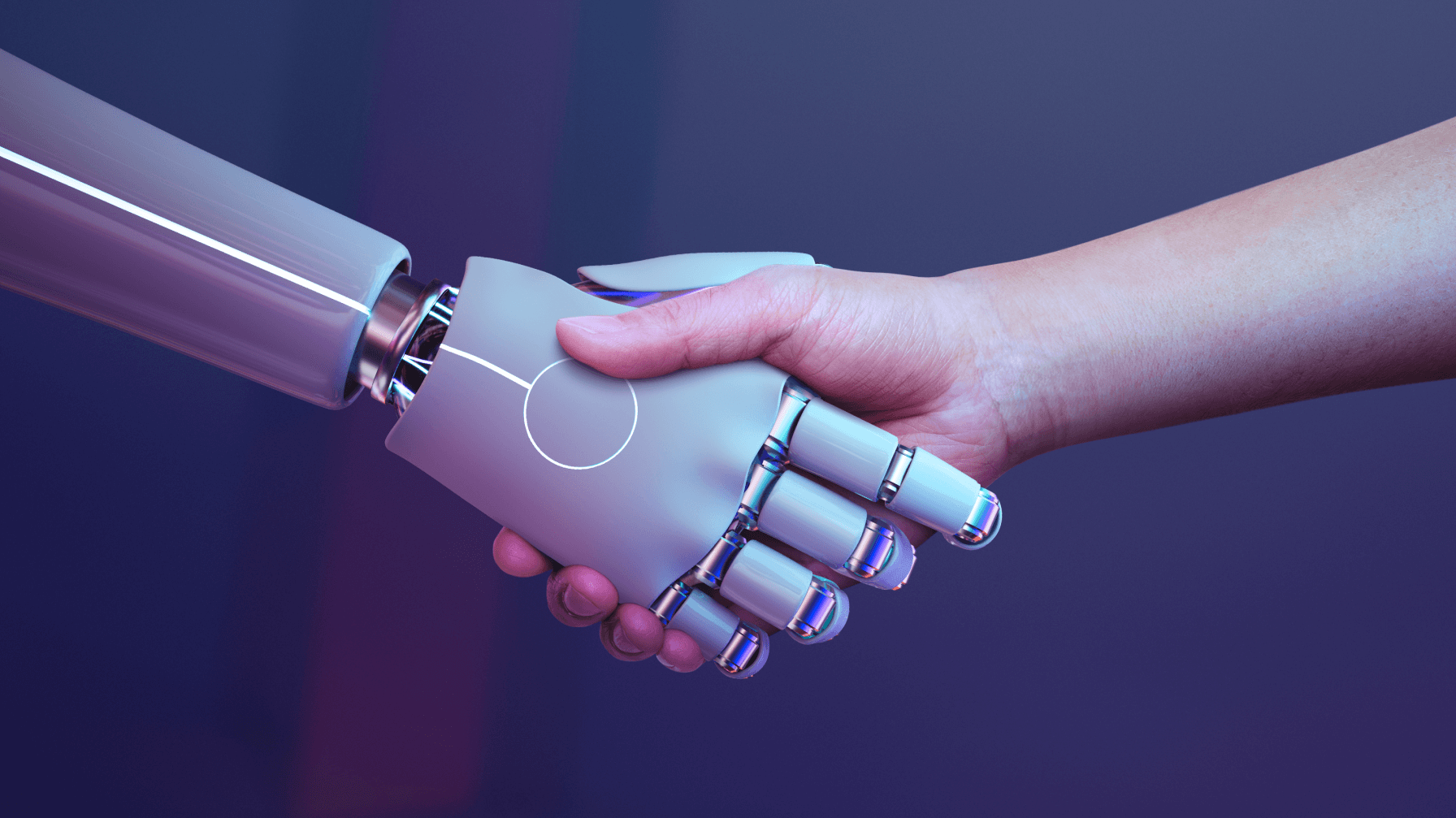 a robot arm and a human arm shaking hands to demonstrate how AI and developers can work together in software development