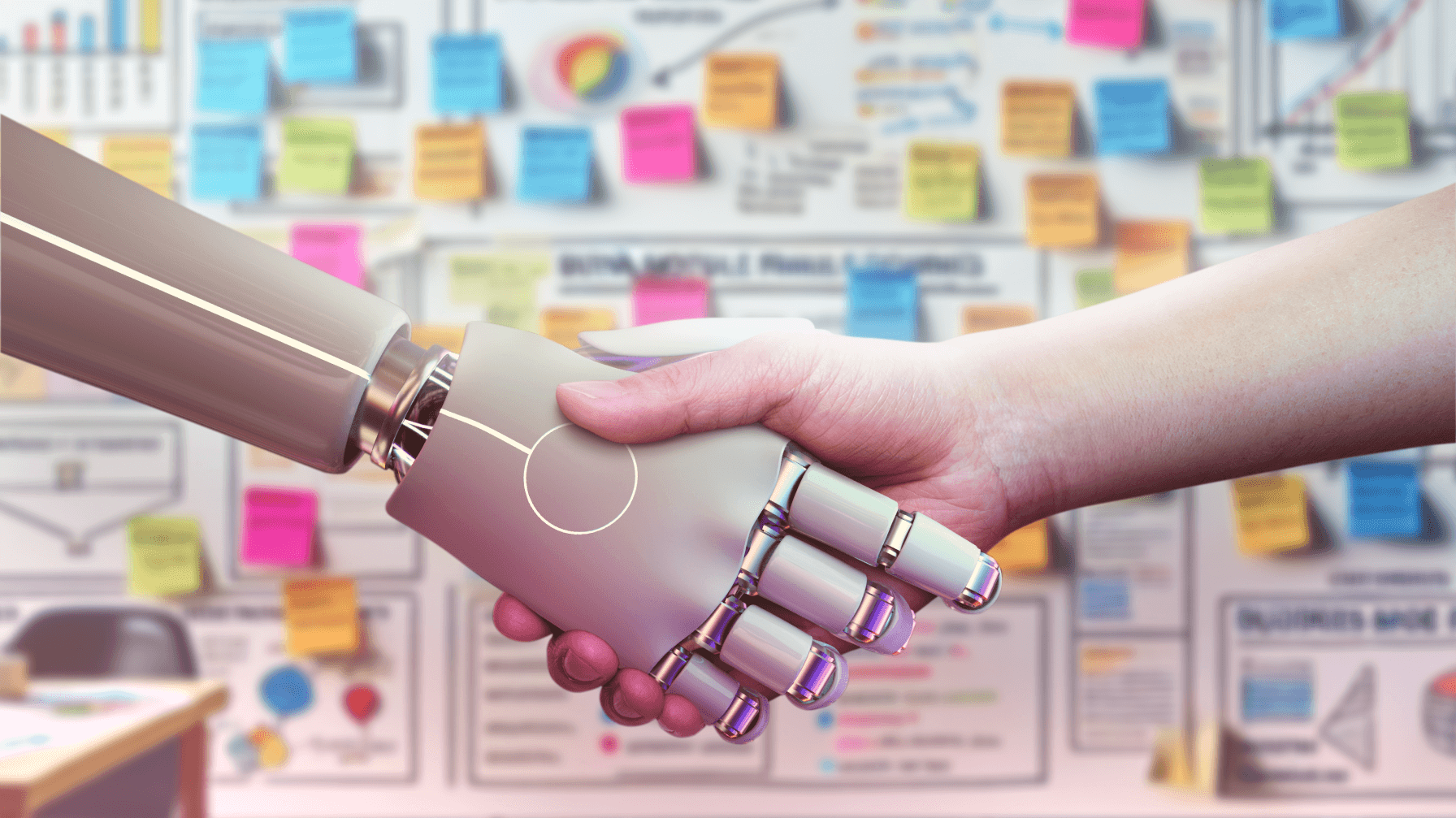 a human arm and a robot arm shaking hands in front of a whiteboard covered in project details, illustrations, and sticky notes