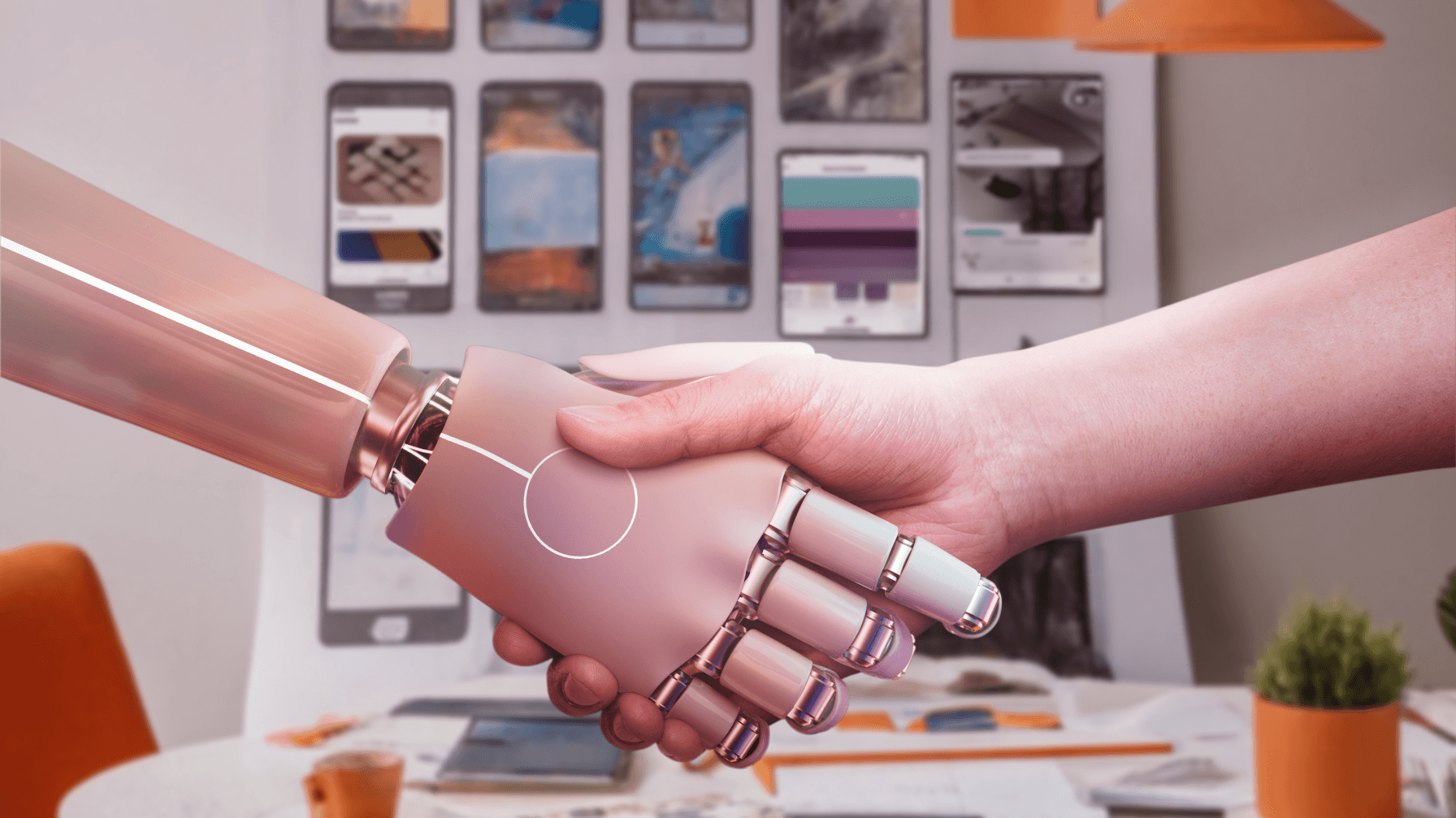 the hero image for a blog post about creating a mood board using AI shows a robot and human shaking hands with an app design in the background.